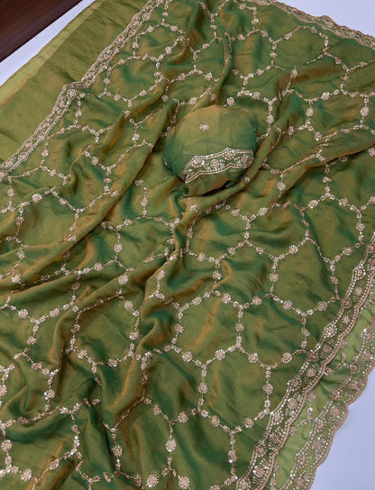 Moss Chiffon Silk Saree with Dual Tone Effect & Sequence Embroidery – 99 AED