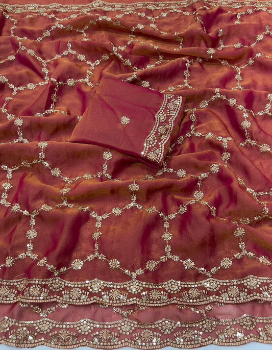Moss Chiffon Silk Saree with Dual Tone Effect & Sequence Embroidery – 99 AED
