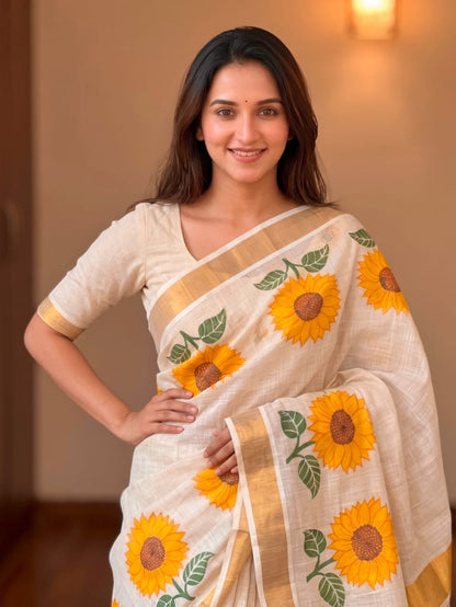 Onam Linen Slub Cotton Saree – 65 AED