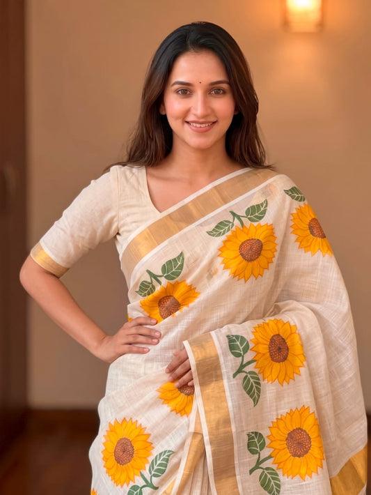 Onam Linen Slub Cotton Saree – 65 AED