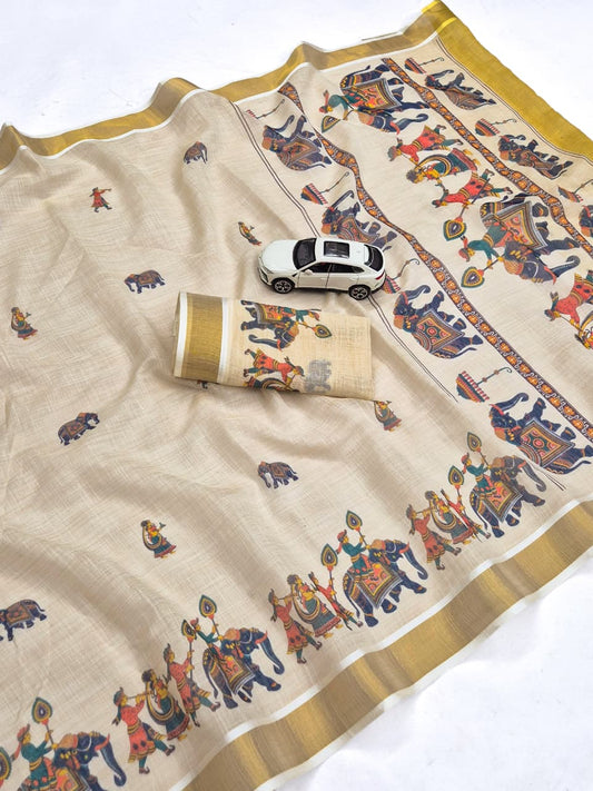 Onam Linen Slub Cotton Saree – 65 AED