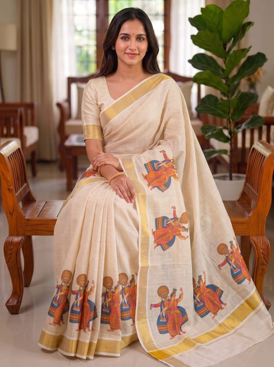 Onam Linen Slub Cotton Saree – 65 AED