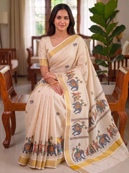 Onam Linen Slub Cotton Saree – 65 AED