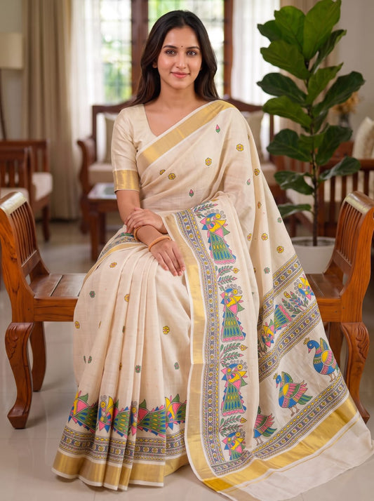 Onam Linen Slub Cotton Saree – 65 AED