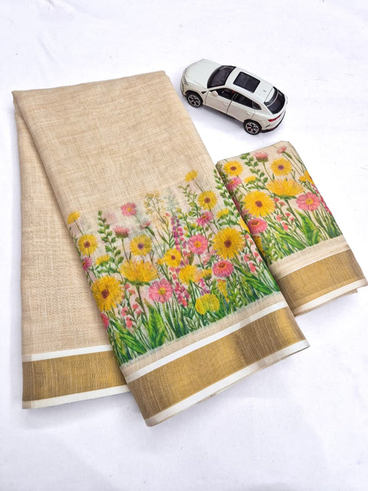 Onam Linen Slub Cotton Saree – 65 AED