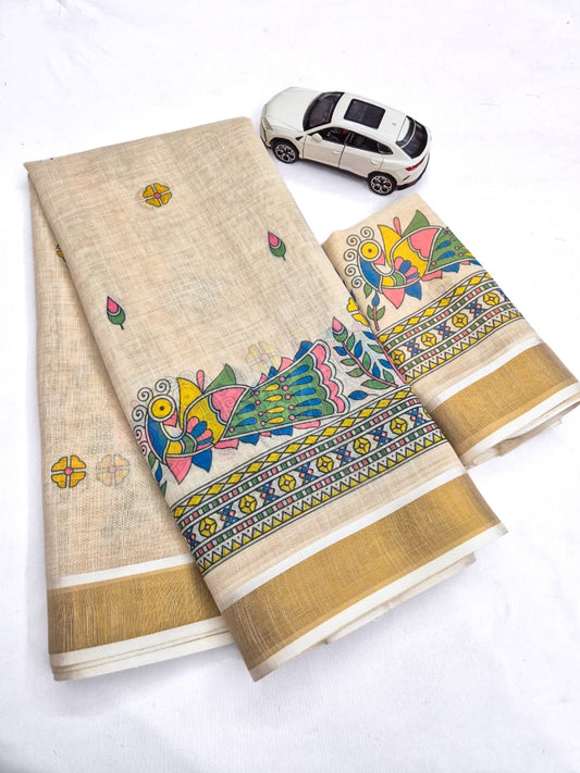 Onam Linen Slub Cotton Saree – 65 AED