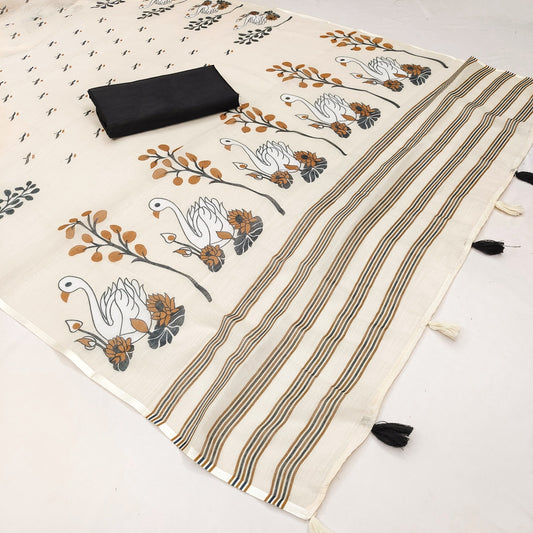 Soft Linen Slub Cotton Printed Saree – 50 AED