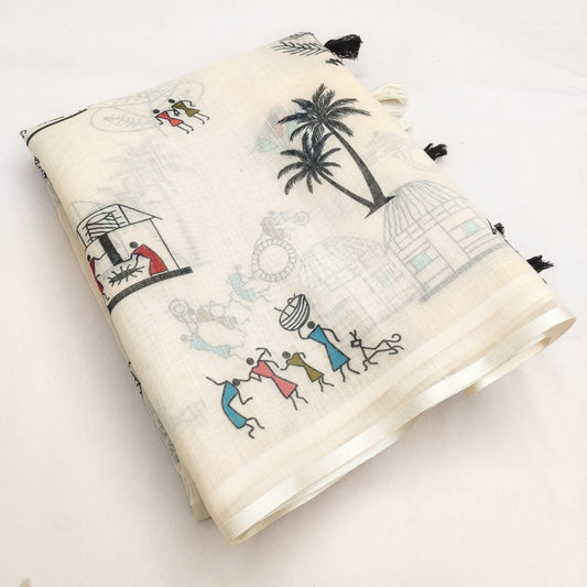 Soft Linen Slub Cotton Printed Saree – 50 AED