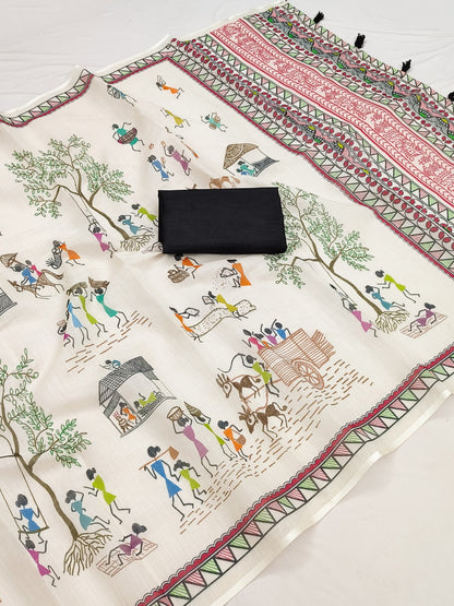 Soft Linen Slub Cotton Printed Saree – 50 AED