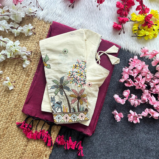 Khadi Cotton Plain Saree with Long Sleeve Embroidered Readymade Blouse – 99 AED