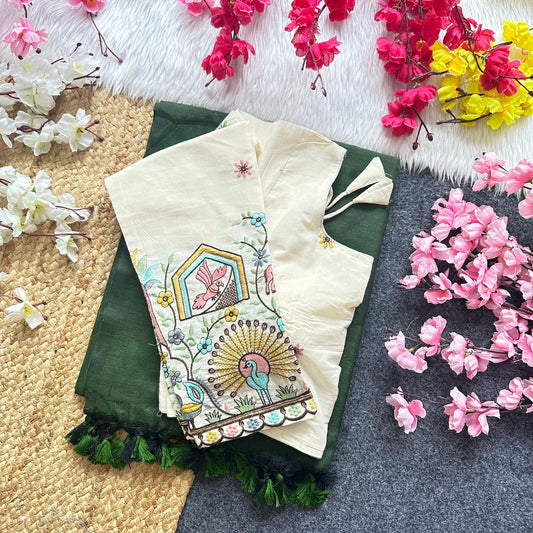 Khadi Cotton Plain Saree with Long Sleeve Embroidered Readymade Blouse – 99 AED