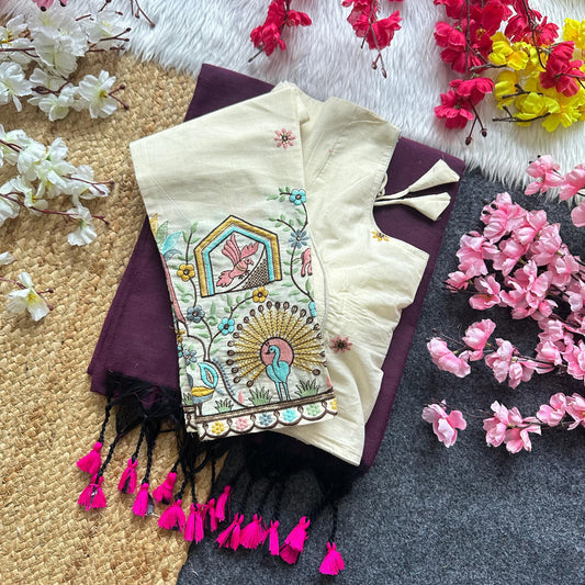 Khadi Cotton Plain Saree with Long Sleeve Embroidered Readymade Blouse – 99 AED
