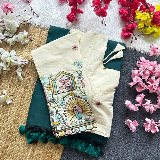 Khadi Cotton Plain Saree with Long Sleeve Embroidered Readymade Blouse – 99 AED