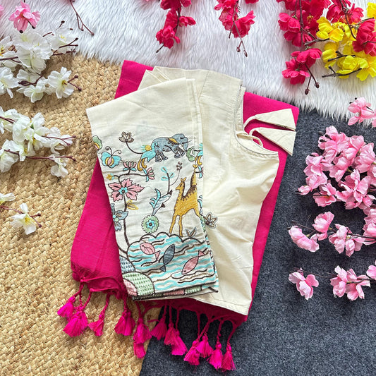 Khadi Cotton Plain Saree with Long Sleeve Embroidered Readymade Blouse – 99 AED