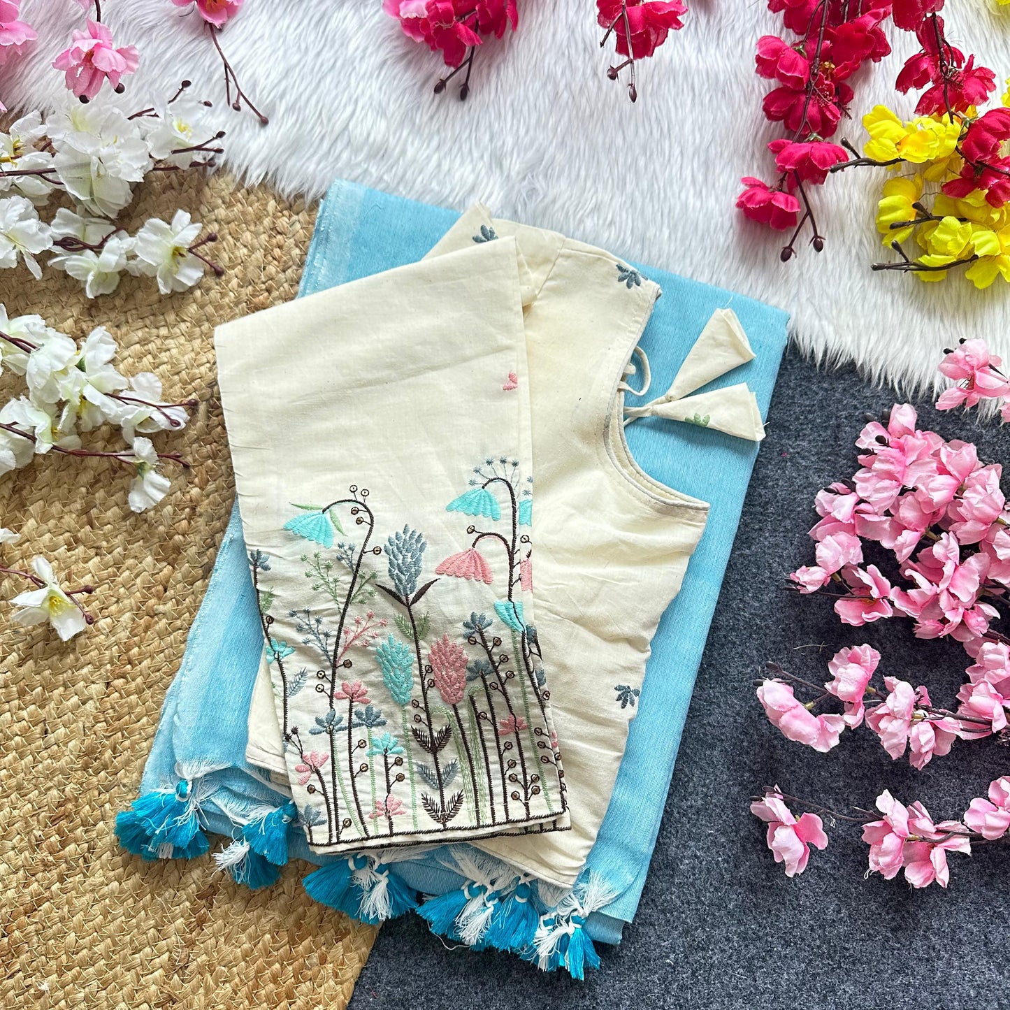 Khadi Cotton Plain Saree with Long Sleeve Embroidered Readymade Blouse – 99 AED