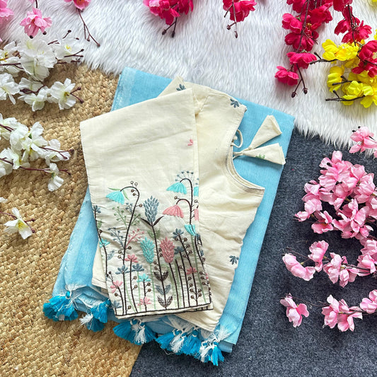 Khadi Cotton Plain Saree with Long Sleeve Embroidered Readymade Blouse – 99 AED