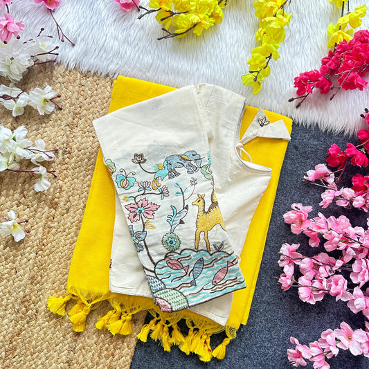 Khadi Cotton Plain Saree with Long Sleeve Embroidered Readymade Blouse – 99 AED