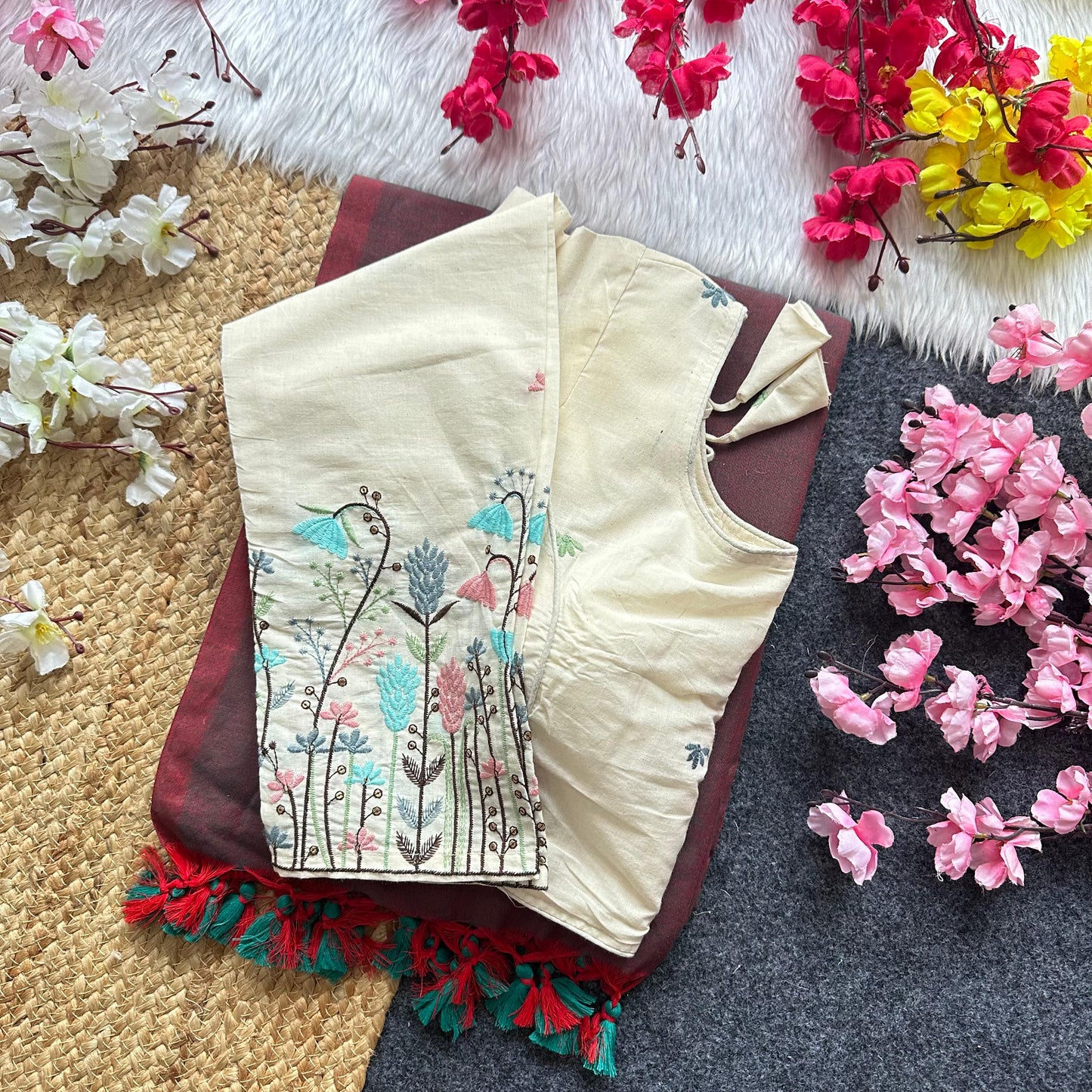 Khadi Cotton Plain Saree with Long Sleeve Embroidered Readymade Blouse – 99 AED