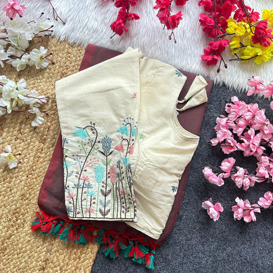 Khadi Cotton Plain Saree with Long Sleeve Embroidered Readymade Blouse – 99 AED