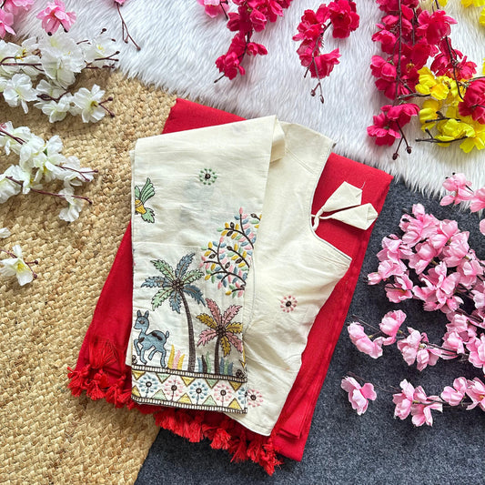 Khadi Cotton Plain Saree with Long Sleeve Embroidered Readymade Blouse – 99 AED