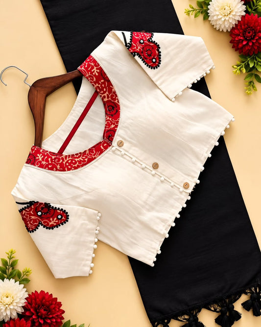 Khadi Cotton Saree with Appliqué Embroidery & Ajrakh Patch Work Blouse – 99 AED