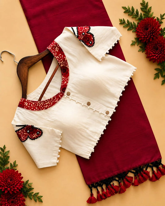 Khadi Cotton Saree with Appliqué Embroidery & Ajrakh Patch Work Blouse – 99 AED