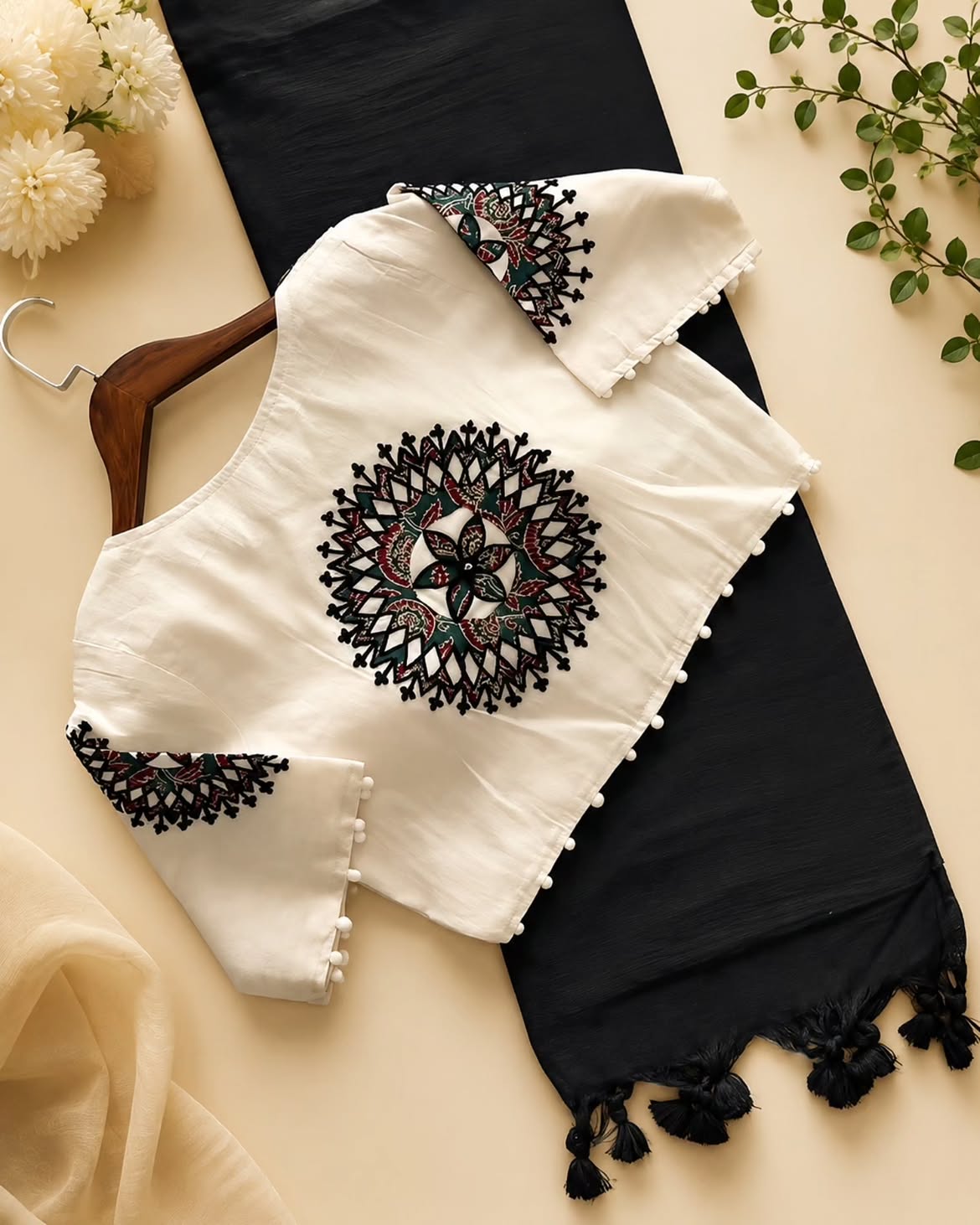 Khadi Cotton Saree with Appliqué Embroidery & Ajrakh Patch Work Blouse – 99 AED