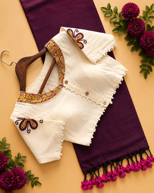 Khadi Cotton Saree with Appliqué Embroidery & Ajrakh Patch Work Blouse – 99 AED