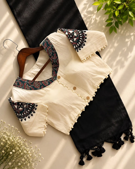 Khadi Cotton Saree with Appliqué Embroidery & Ajrakh Patch Work Blouse – 99 AED