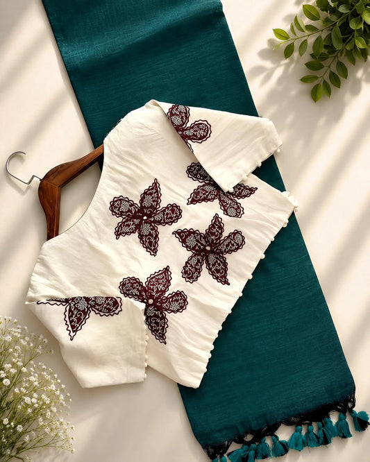 Khadi Cotton Saree with Appliqué Embroidery & Ajrakh Patch Work Blouse – 99 AED