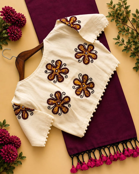 Khadi Cotton Saree with Appliqué Embroidery & Ajrakh Patch Work Blouse – 99 AED