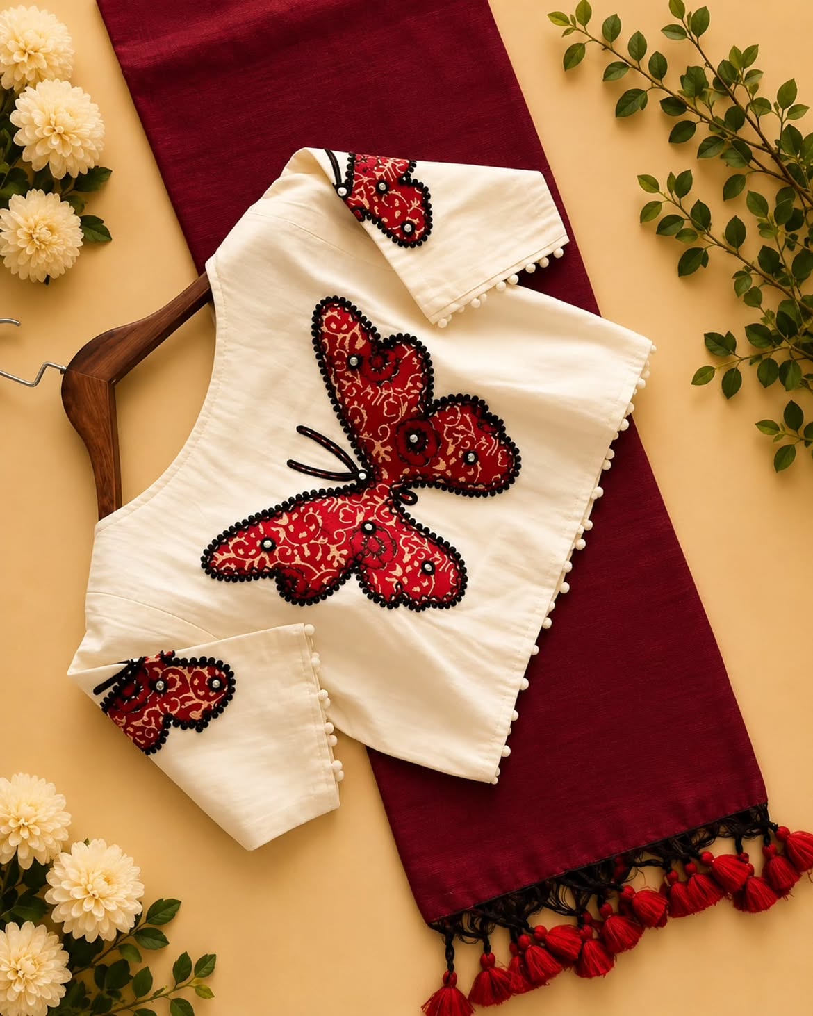 Khadi Cotton Saree with Appliqué Embroidery & Ajrakh Patch Work Blouse – 99 AED