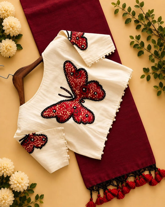 Khadi Cotton Saree with Appliqué Embroidery & Ajrakh Patch Work Blouse – 99 AED