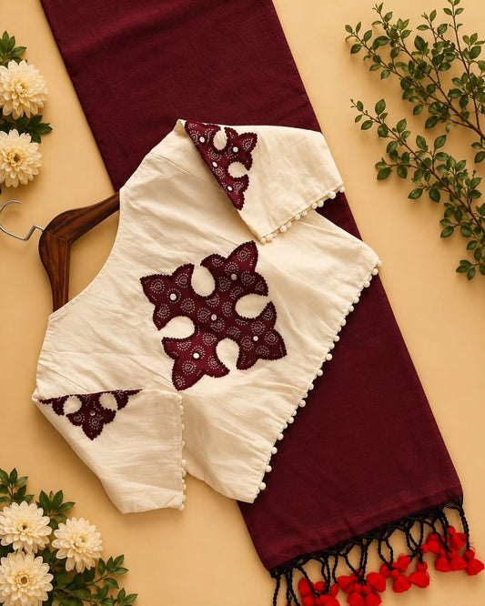 Khadi Cotton Saree with Appliqué Embroidery & Ajrakh Patch Work Blouse – 99 AED