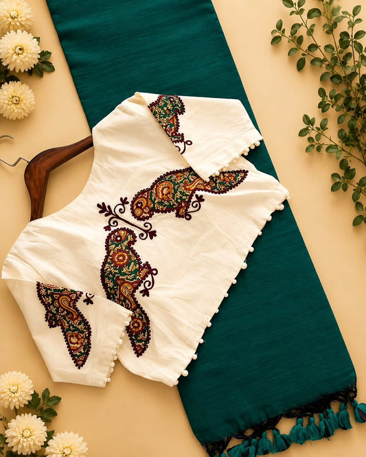 Khadi Cotton Saree with Appliqué Embroidery & Ajrakh Patch Work Blouse – 99 AED