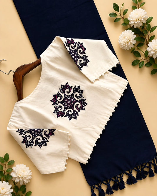 Khadi Cotton Saree with Appliqué Embroidery & Ajrakh Patch Work Blouse – 99 AED