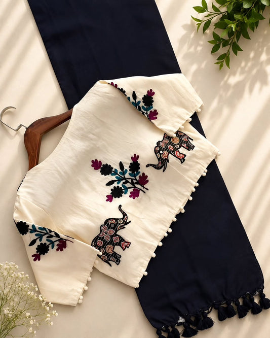 Khadi Cotton Saree with Appliqué Embroidery & Ajrakh Patch Work Blouse – 99 AED