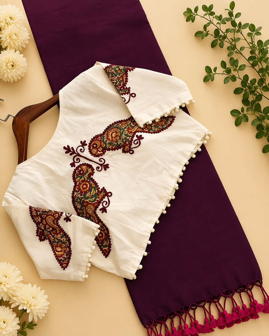 Khadi Cotton Saree with Appliqué Embroidery & Ajrakh Patch Work Blouse – 99 AED