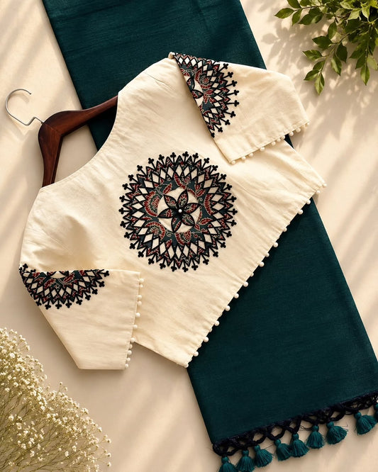 Khadi Cotton Saree with Appliqué Embroidery & Ajrakh Patch Work Blouse – 99 AED