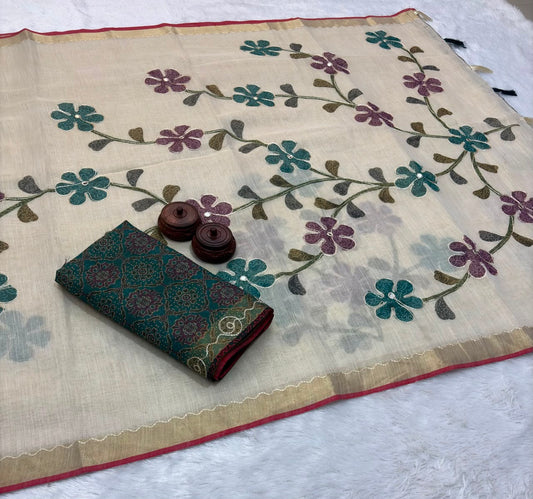 Bengal Linen Tissue Saree with Embroidered Pallu & Ajrakh Printed Blouse – 99 AED
