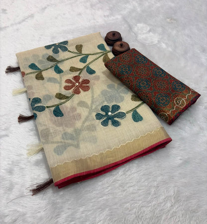 Bengal Linen Tissue Saree with Embroidered Pallu & Ajrakh Printed Blouse – 99 AED