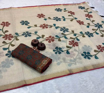 Bengal Linen Tissue Saree with Embroidered Pallu & Ajrakh Printed Blouse – 99 AED
