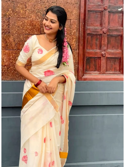 Linen Slub Cotton Floral Saree – 65 AED