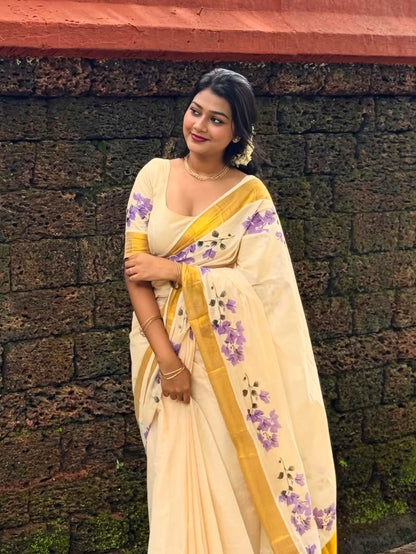Linen Slub Cotton Floral Saree – 65 AED