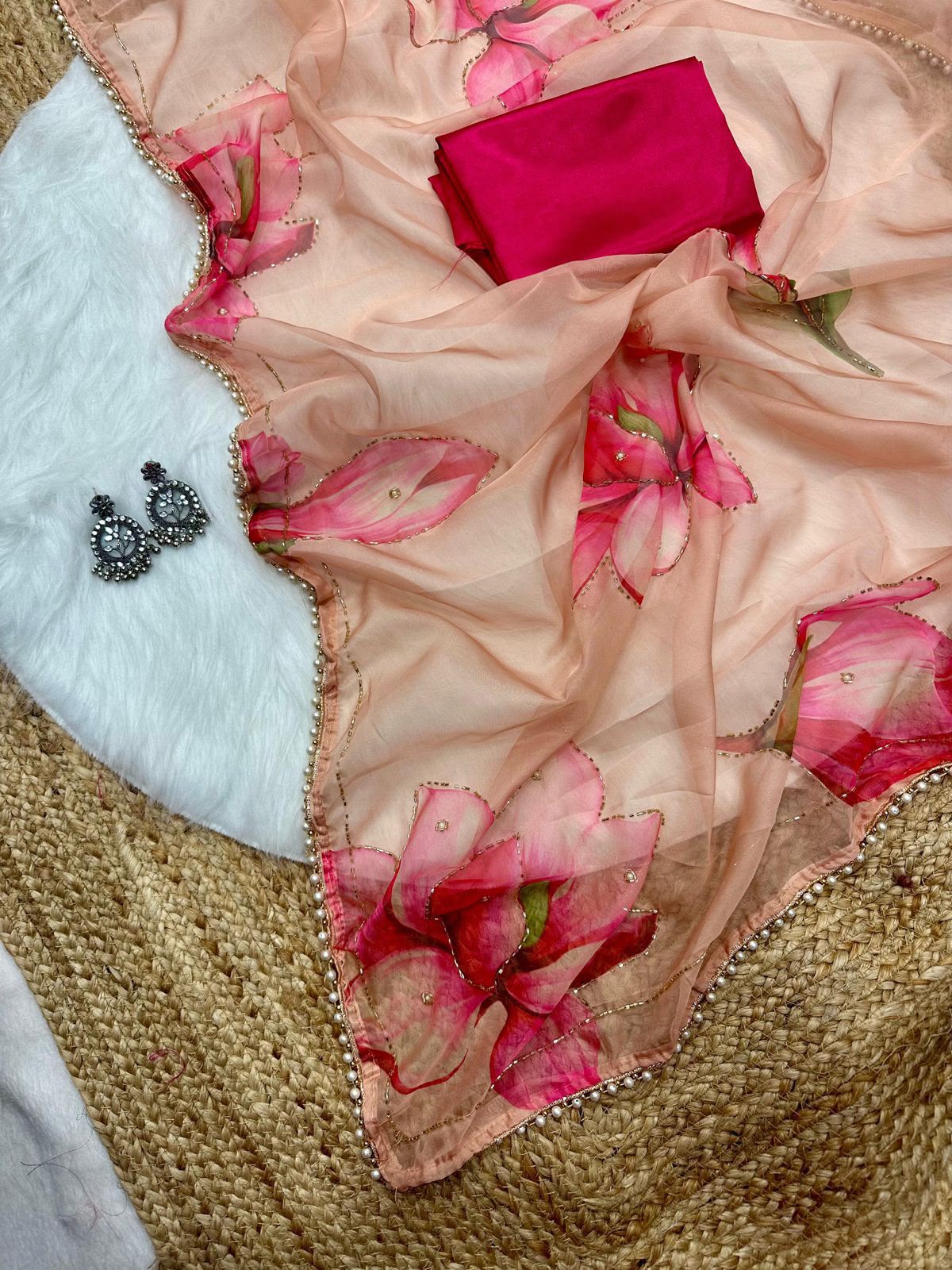 Soft Tabby Organza Silk Saree with Cut Bead Work