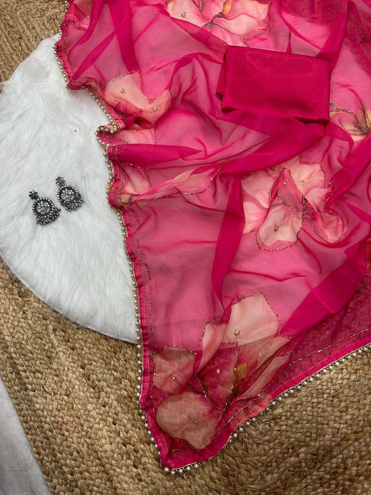 Soft Tabby Organza Silk Saree with Cut Bead Work
