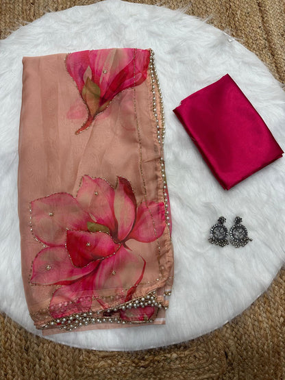 Soft Tabby Organza Silk Saree with Cut Bead Work