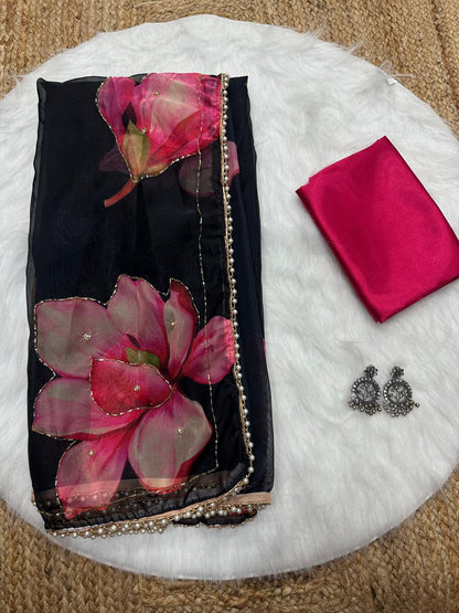 Soft Tabby Organza Silk Saree with Cut Bead Work