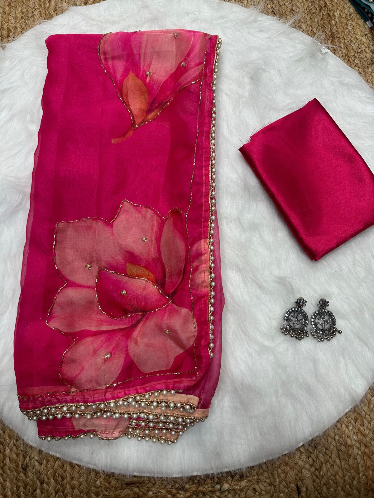 Soft Tabby Organza Silk Saree with Cut Bead Work
