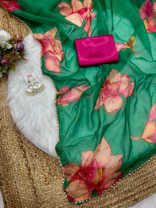 Soft Tabby Organza Silk Saree with Cut Bead Work